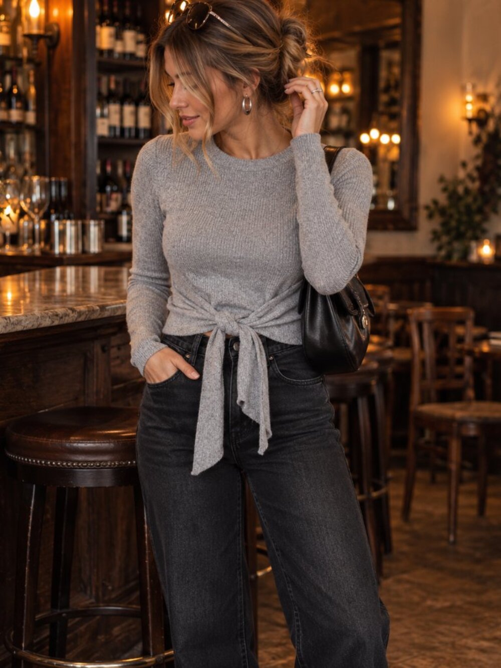 Zara Gray Ribbed Knit Sweater | Cropped Tie Waist Fall Casual | Medium